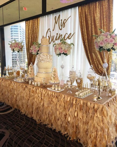 A side view of our 12’ table decor | #desserttable @racheljspecialevents | #cake @armen_roobinascake | #desserts @chocolate_favors_pops… Gold Quinceanera Theme, Pink Flower Centerpieces, Quince Centerpieces, Quince Decor, Quince Cake, Quince Themes, Quince Theme, Quinceanera Cakes, Quince Decorations