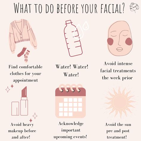 Wear comfy clothes, drink lots of water, avoid intense facial treatments before, avoid heavy makeup before and after treatment, plan for important dates, avoid the sun before and after treatments. Dos And Donts After Facial, Starting Your Own Esthetics Business, Esthetician Sale Ideas, Before Facial Tips, Esthetician Note Taking, Esthetician Retail Ideas, Esthetician Facial Products, October Esthetician, Facial Esthetician Aesthetic