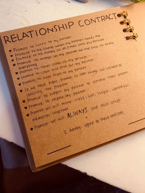 relationship contract Scrapbook Cover Anniversary, A Book For Boyfriend, Couples Memory Journal, Shared Journal With Boyfriend, Homemade Scrapbook For Boyfriend, Scrapbook For Couples Ideas, Diy Love Book For Him, Love Scrapbook Pages Ideas, Date Scrapbook Ideas