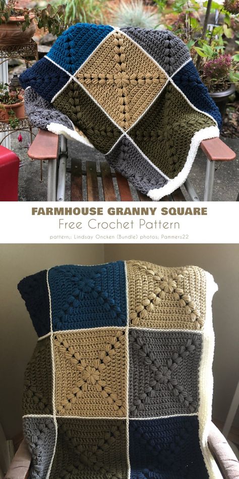 Farmhouse Afghan Crochet, 12” Crochet Squares, Crochet Queen Size Blanket, Farmhouse Granny Square, Granny Square Pattern Free, Crochet Blanket Diy, Granny Square Quilt, Crochet Squares Afghan, Crochet Square Blanket