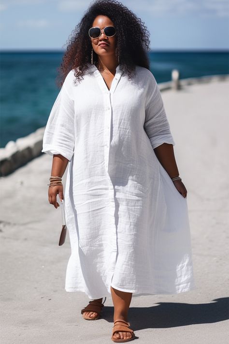 Xpluswear Linen Dresses Plus Size Summer, Plus Size White Dress Summer Beach, Classy Beach Outfit Plus Size, Elegant White Summer Dress, Beach Cover Up Plus Size, Plus Size Kaftan Dress, Plus Size Caribbean Vacation Outfits, Coastal Grandmother Plus Size, White Cotton Dress Outfit