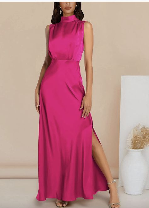 Satin Formal Dress, Magenta Dress, Sleeveless Mock Neck, Dark Blue Dress, Mock Neck Dress, Split Maxi Dress, Satin Maxi, Sleeveless Dress Summer, Maxi Tank Dress