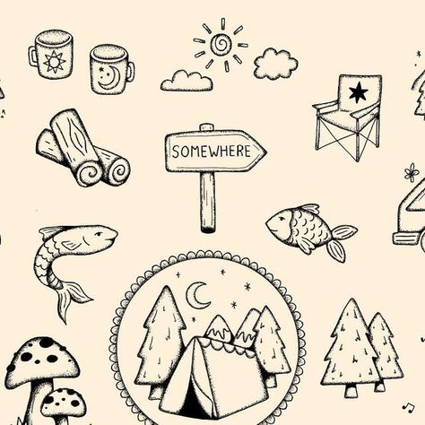 laura on Instagram: "calling all happy campers 🏕️ and anyone that likes trees, mountains, or cute mushroom tattoos 🙃  camping flash now available woooo. I absolutely love going away in our campervan so I just had to do a camping themed flash now we are able to start going again 😅  all available for handpoke. as always I do deals when you book multiple designs in a session!  use the link on my page for my booking form or just message me to enquire! can’t wait to tattoo these 🏔️ 🌲 ⛺️🍄🐟🪵🐾🌞🌳  @harmlesstattoo Braintree, Essex  #handpoketattoo #handpoke #stickandpoke #campingtattoo #summertattoo #mountaintattoo #adventuretattoo #cutetattoo #essextattoo #hertfordshiretattoo #suffolktattoo #braintree #vanlife #campervan #camping" Small Camper Tattoo, Camping Tatoo, Outdoorsy Tattoos Nature, Cute Mushroom Tattoos, Adventure Doodles, Tent Tattoo, Outdoorsy Tattoos, Tattoo Camping, Nomad Tattoo