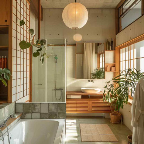 35 Bathrooms Where Japandi Meets MidMod for Ultimate Serenity Japanese Modern House Interior Design, Muji Home Bathroom, Japanese Modern Bathroom Design, Modern Japanese Bathroom Small, Japandi Interior Bathroom, Japandi Interior With Color, Mid Century Modern Spa Bathroom, Modern Japanese Decor, Mid Century Japanese Interior