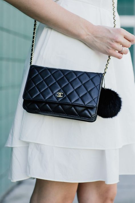 chanel and pom poms Black Chanel Purse, Chanel Small Flap Bag, Celine Micro Luggage, Chanel Woc, Chanel Crossbody, White Details, Chanel Purse, Chanel Classic Flap, Chanel Black