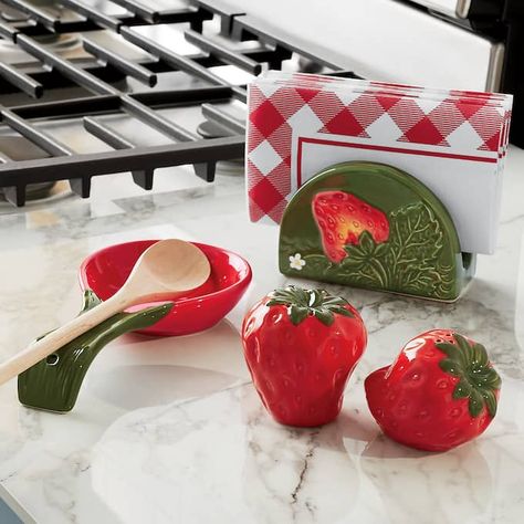 Strawberry Stovetop Set Vibrant Kitchen, Strawberry Theme, Strawberry Kitchen, Strawberry Leaves, Country Door, Anti Fatigue Mat, Kitchen Valances, Leaf Bowls, Buy Now Pay Later