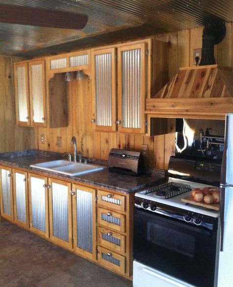 Distressed Kitchen Cabinets, Kitchen Organizing Ideas, Tin Ideas, Metal Kitchen Cabinets, Mobile Home Kitchen, Pallet Kitchen, Barn Kitchen, Rustic Kitchen Cabinets, Farmhouse Kitchen Remodel