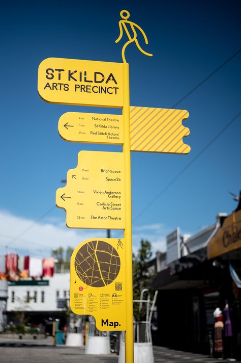 Port Phillip Creative Wayfinding — Arterial Design Wayfinding Signage Design Creative, Signage And Wayfinding Design, Modern Signage Design Outdoor, Festival Wayfinding, Wayfinding Signage Design Outdoor, Creative Signage Design, Signpost Design, Creative Wayfinding, City Signage