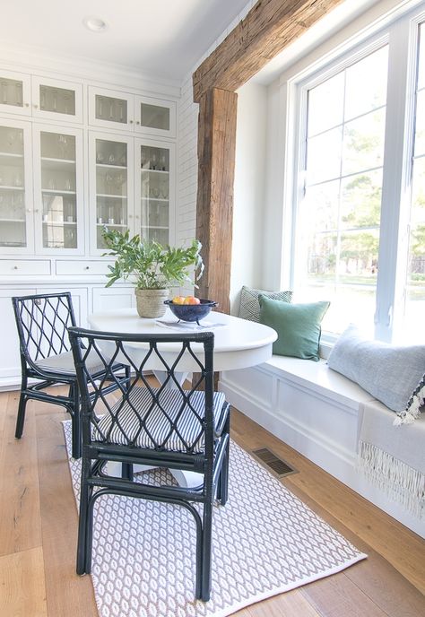 Kitchen Bumpout, Druid House, White Breakfast Nook, Casa Rock, Rustic Beams, Eating Nook, Lilypad Cottage, Window Bench Seat, Breakfast Nook Table