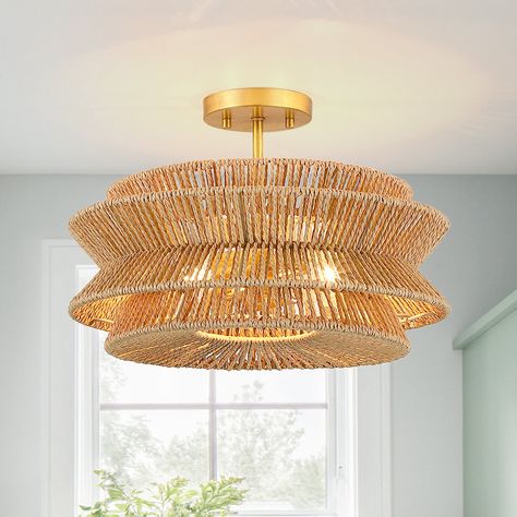 Bay Isle Home 16 In. 2-light Bohemian Woven Rope Semi-flush Mount Ceiling Light | Wayfair Bohemian Candle, Foyer Pendant Lighting, Mid Century Contemporary, Woven Shades, Rattan Pendant Light, Vintage Style Decorating, Wagon Wheel Chandelier, Semi Flush Mount Lighting, Globe Chandelier