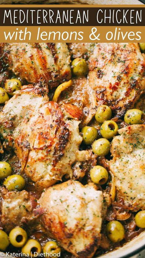 This Mediterranean Chicken is juicy, crisp chicken infused with lemon, garlic, and herbs, baked in the same pan with onions, lemons, and olives. A complete meal in a pan, ready in less than an hour! Lemon Mediterranean Chicken, Green Olive Chicken, Dinner Recipes With Olives, Olive And Chicken Recipes, Garlic Lemon Herb Mediterranean Chicken, Chicken With Olives Recipe, Chicken And Green Olives, Baked Chicken With Olives, Baked Chicken With Lemon And Herbs