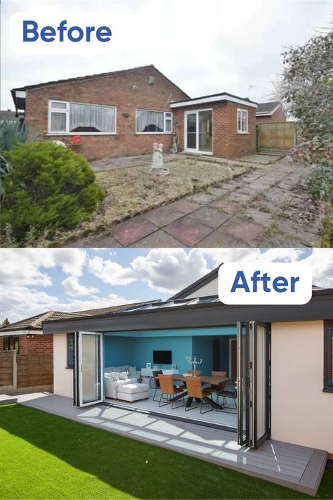 This outdated Wigan bungalow has been transformed into an open-plan family home, all thanks to a hard-working rear extension and renovation, complete with an open-plan kitchen and diner. Open Plan Bungalow Layout Uk, Bungalow Rear Extension Ideas, Bungalow Open Plan Living, Bungalow Extension Plans, Kitchen Extension Floor Plan, Rear Kitchen Extension, Rear Extension Ideas, Bungalow Extension, Bungalow Extensions