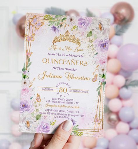 Lavender Gold Quinceanera Invitation, Mis Quince, Lilac Floral Roses, Butterfly, 15th Birthday, 16th Birthday, Digital, Instant download, purple, gold, grown, foliage, geometric, butterflies, glitter Quince Lilac, Garden Quince, Gold Quinceanera, Roses Butterfly, Quinceanera Invitation, Quinceanera Ideas, Quince Ideas, Quinceanera Invitations, Enchanted Garden