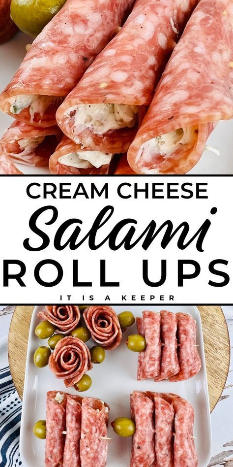 Salami cream cheese roll ups are a delicious snack or appetizer. These make a tasty addition to any charcuterie board or game day snack table. In less than 10 minutes, you'll have a delicious finger food for parties or any day of the week. This is a great recipe, and easy to make for a crowd for Halloween, Thanksgiving, or Christmas! Salami Rollups, Salami Cream Cheese Roll Ups, Salami Cream Cheese, Cream Cheese Roll Ups, Salami Rolls, Antipasto Recipes, Cheese Roll Ups, Salami Recipes, Cream Cheese Roll Up