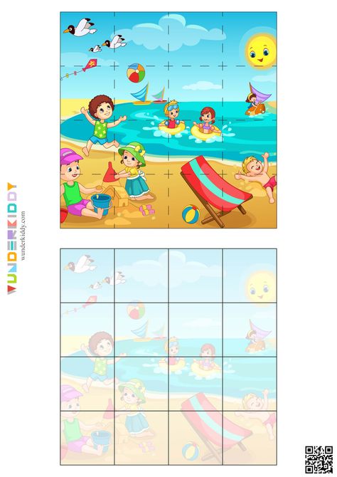 Developing puzzle game Summer Time is meant to improve memory, logical thinking and fine motor skills by children at preschool age. The task is to assemble a jigsaw puzzle from 16 items into summer illustration. Print activity sheets and cut the bright picture along the dashed lines. Then mix all puzzle elements and ask a child to assemble a puzzle. The smallest students can do the puzzle using a help picture. Montessori, Magnatiles Puzzles, Summer Worksheets For Preschool, Worksheet For Toddler, Puzzle Illustration, Summer Puzzle, Summer Printables Free, Puzzle Worksheet, Shape Tracing Worksheets