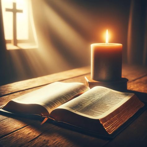 An open Bible on a wooden table with a candle lit next to it, casting a warm glow over the pages. The room is softly lit, suggesting a peaceful and contemplative atmosphere. This scene symbolizes the act of studying the Bible and seeking wisdom through prayer. In the background, there's a faint silhouette of a cross, emphasizing the central role of Jesus in faith. This image aims to evoke a sense of spiritual reflection and the importance of core Christian beliefs. Candles Wallpaper, Samsung Galaxy Wallpaper Android, Open Bible, Opening Prayer, Candle Images, Bible Verse Pictures, Wooden Room, Bible Images, Bible Pictures