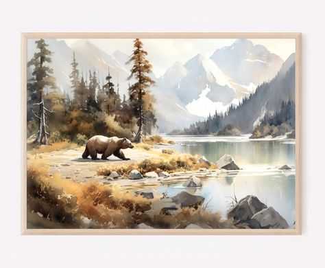 Lake Clark National Park Print Grizzly Bear Alaska Travel Art Lake Clark Poster Classic Watercolor Vintage Style Horizontal Watercolor, Park Watercolor, Montana Art, Lake Mcdonald, Glacier Park, Art Aquarelle, Minimal Wall Art, North Cascades, Breathtaking Beauty