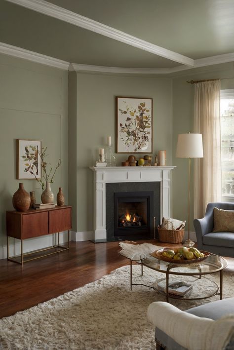 Colonial Colors Interior, Benjamin Moore October Mist Bedroom, Old Money Paint Colors, Traditional Home Paint Colors Interior, Cozy Home Paint Colors, October Mist Living Room, Room Brightening Paint Colors, Cozy Paint Colors For Living Room, Warm Room Colors