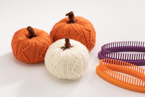 Zigtastic Pumpkins « KB Looms Blog Loom Knit Pumpkins, Knit Pumpkins, Sock Loom, Pumpkin Show, Fun Loom, Knit Ear Warmer, Loom Knitting Tutorial, Loom Knitting Stitches, Fall Pumpkin Crafts