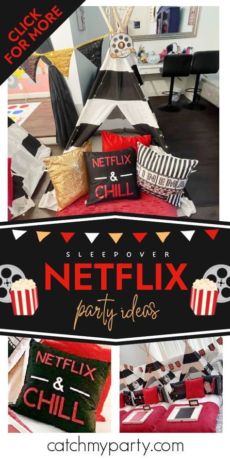 Check out this fun Netflix & Chill Movie Night sleepover! The decor is so cool! See more party ideas and share yours at CatchMyParty.com Movie Night Sleepover, Netflix Party, Sleepover Birthday Party, Sleepover Tents, Cookie Party Favors, Sleepover Birthday, Netflix Chill, Sleepover Birthday Parties, Girls Birthday Party Themes