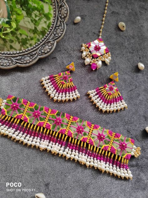 Mirror work jewellery for haldi Mirror Jewellery For Haldi, Mirror Work Jewellery Diy Jewelry, Indian Handmade Jewelry, Handmade Mirror Jewellery, Haldi Jwellery Ideas, Handmade Jewellery Ideas Indian, Mirror Jewelry Indian, Mirror Work Jwellary, Mirror Work Jewellery Set