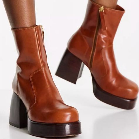 Asos Design Rowan Premium Leather Platform Heeled Boots In Tan Brand New. Never Worn. I Lost The Box, But They’re In Perfect Condition Platform Brown Boots, Brown Boots With Jeans, Brown Boots Outfit Ankle, Tecovas Boots Women, 60s Heels, Platform Heeled Boots, Tecovas Boots, 70s Boots, Brown Boots Outfit