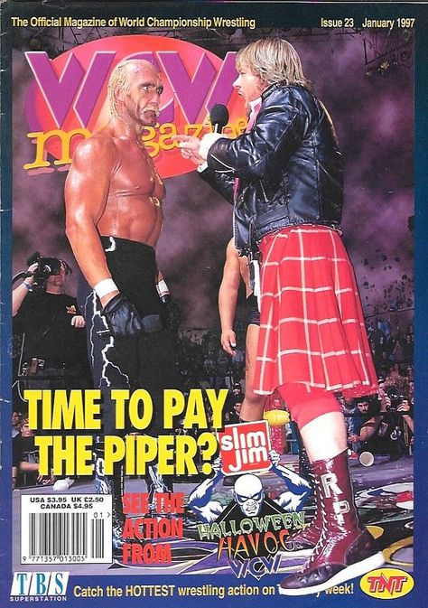 Hulk Hogan and Roddy Piper on the cover of WCW magazine 23 from January 1997. Wcw Wrestlers, Elvis 68 Comeback Special, World Championship Wrestling, 23 January, Roddy Piper, Slim Jims, Back In My Day, Wrestling Superstars, Hulk Hogan