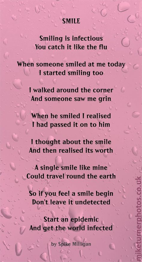 smile poem by spike milligan Smiling Is Infectious Poem, Best Rhyming Poems, Poems On Dreams, Poems That Rhyme Student, Easy Poems In English, Beautiful English Poems, Poem About Smile, Poems For Journals, Poems For Elementary Students