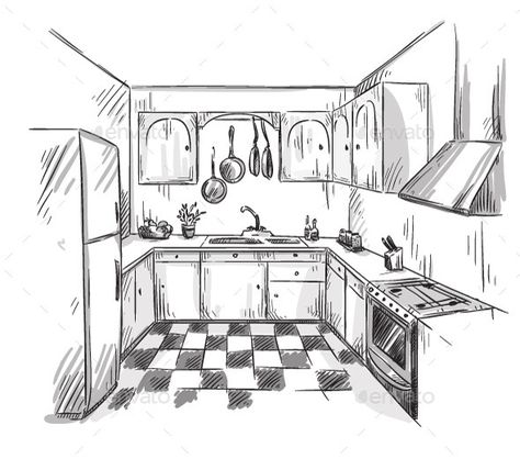 Kitchen Interior Drawing Kitchen Interior Drawing, Interior Drawing, Architecture Drawing Plan, Kitchen Drawing, Drawing Interior, Interior Design Drawings, Interior Design Sketches, Background Drawing, Perspective Art