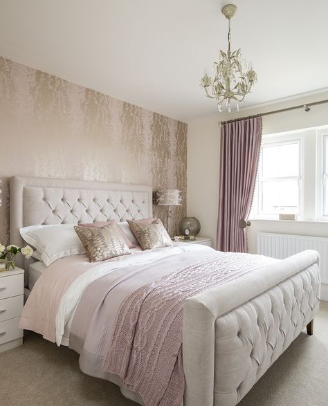 The master bedroom features the plush Jerome Bed which has been dressed with dusky pink and cream bedding and the beautiful Theon Gilt Sequined Cushions for a sumptuous feel. For more bedroom inspo with top tips from our Interior Designers, click the link above. Light Pink Bedrooms, Cheap Beds, Pink Bedroom Design, Pink Bedroom Decor, Pink Bedrooms, Gold Bedroom, Elegant Bedroom, Gray Bedroom, Pink Bedroom