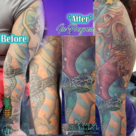 Oh! Victoria's sleeve FULL redo. This tattoo has been quite an adventure, and section by section we are bringing it all to life. Before we fully redid a NEW mermaid and updated what was there. This round, the face of the turtle and the proportions were off, so we added the proper Sea Turtle head, body and fins. Check out this before and after! So much more to go, but STOKED on the progress! 
🌺@preciselyveiledtattoo -- Amy Shandick🌺⁠
We are located inside of: @bangarang.tattooing.company⁠

⁠ Tattoos, Texas, Sea Turtle, The Face, Mermaid, Bring It On