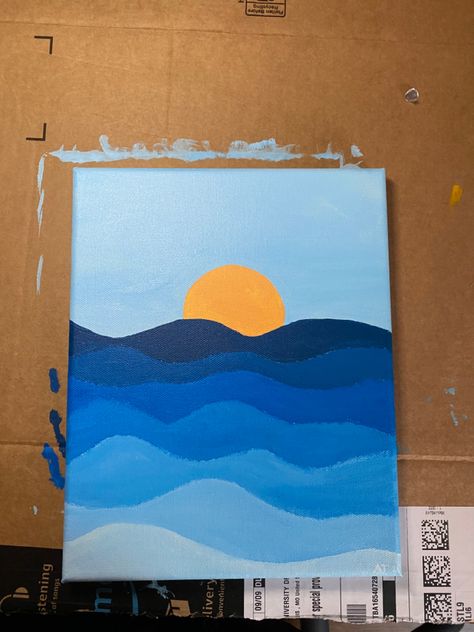 Ocean Wave Acrylic Painting, Cute Mini Canvas Paintings Easy Sunset, Simple Waves Painting, Ocean Simple Painting, Horizon Painting Easy, Really Easy Things To Paint, Summer Paintings Simple, Cute Easy Painting Ideas Aesthetic, Painting Ideas Beach Sunset