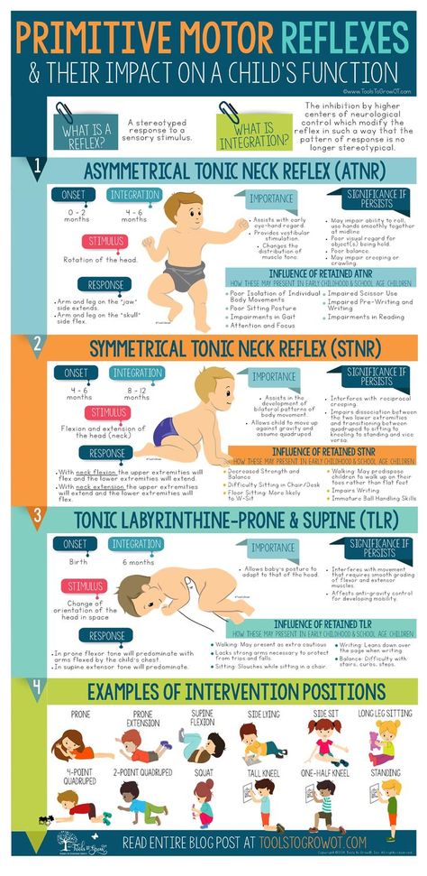 Infographic - Primitive Motor Reflexes & Their Impact on a Child's Function - Copyright ToolsToGrowOT.com Therapeutic Interventions, Primitive Reflexes, Occupational Therapy Kids, Pediatric Physical Therapy, Occupational Therapy Activities, Vision Therapy, Pediatric Occupational Therapy, Pediatric Therapy, Sensory Integration