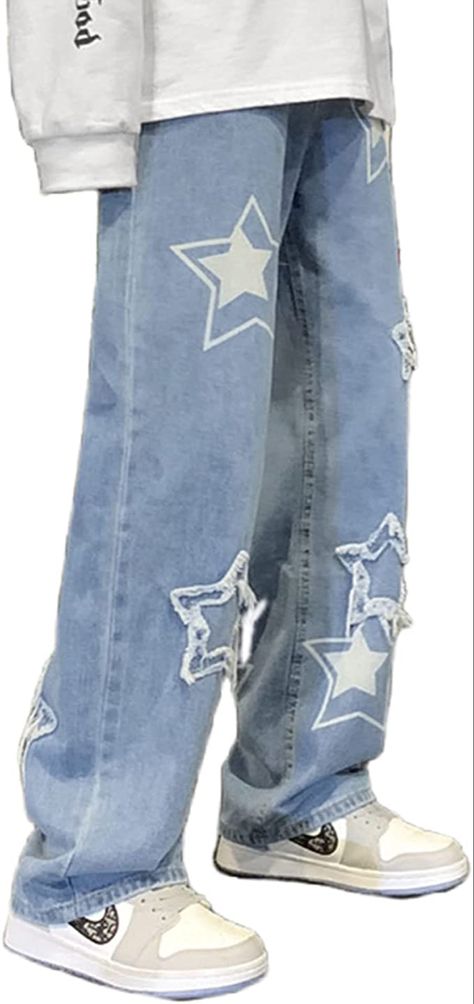 Y2k Mens Clothes, Baggy Y2k Outfit Men, Y2k Male Outfits, Goth Trousers, Y2k Jeans Men, Y2k Pants Men, Grunge Baggy, Star Print Pants, Y2k Baggy Jeans