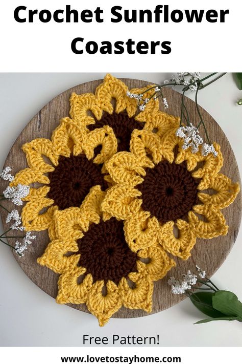 Summer Crochet Decor, Crochet Coasters Free Pattern, Crochet Coaster, Crochet Coaster Pattern, Bonnet Crochet, Cozy Crochet, Crochet Sunflower, Crochet Fall, Fun Crochet Projects