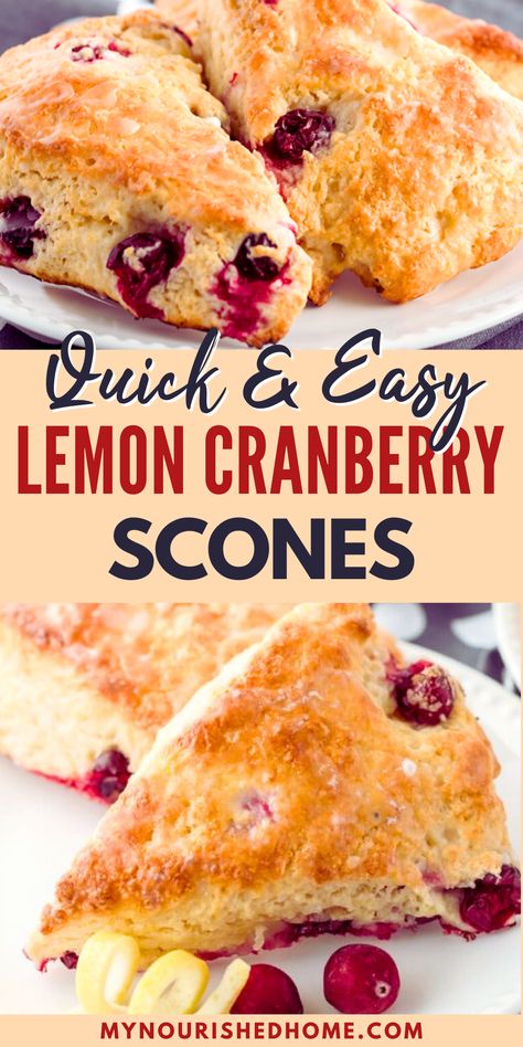 These quick and easy lemon cranberry scones are baked with fresh cranberries and only need 20 minutes in the oven. They are sweet with a little tart kick from the fresh berries and lemon. These scones are fantastic with a cup of coffee or tea for a light breakfast on a fall or winter morning. Cranberry Oatmeal Scones, Lemon Cranberry Scones, Fruit Scones Recipe Easy, Scones Without Buttermilk, Lemon Scones Recipe Easy, Cranberry Scones Recipe Easy, Best Scones Recipe Ever, Cranberry Lemon Scones, Cranberry Lemon Muffins