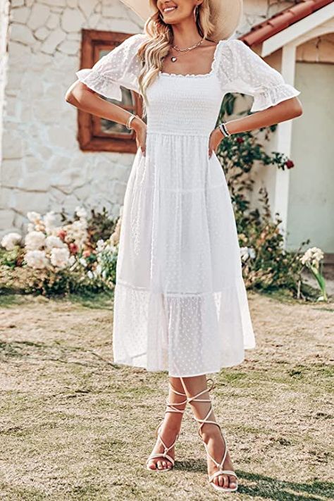 Flowy Beach Dress, Puff Sleeve Wedding Dress, Sundress Outfit, Tie Back Dress, Beautiful Summer Dresses, Boho Midi Dress, Cottagecore Dress, Ruffle Midi Dress, Square Neck Dress