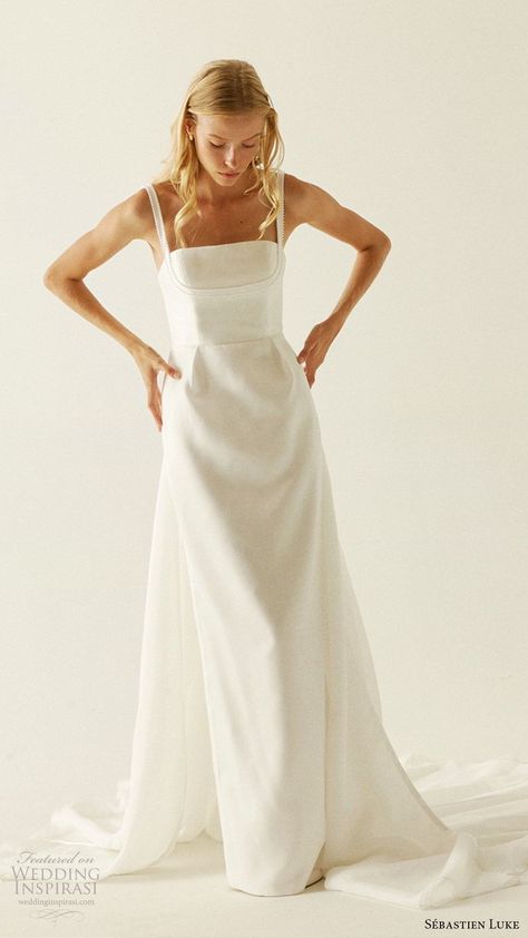 Weddinginspirasi.com featuring - sebastien luke fall 2019 bridal sleeeless beaded straps straight across neckline column wedding dress chapel train minimal clean modern (10) mv -- Sébastien Luke Fall 2019 Wedding Dresses #wedding #weddings #bridal #weddingdress #weddingdresses #bride #fashion #label:SébastienLuke #season:Fall/Winter #week:402018 #year:2019 ~ Clean Wedding Dress, Minimal Wedding Dress, Column Wedding Dress, Wedding Inspirasi, Wedding Dresses With Straps, Wedding Dresses Beaded, Custom Jewelry Ideas, Chapel Train, Wedding Mood