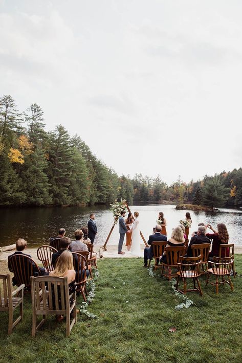 Small outdoor wedding on lake beach during the fall in the Adirondacks in Upstate New York. New York wedding packages. Upstate NY elopement packages. Elopement Small Wedding, Weddings In Woods, Wedding On Gravel, Small Wedding In Nature, Small Wedding Outside, Small Park Wedding Ideas, Small Wedding Venue Ideas Outdoor, Small Lakefront Wedding, Small Intimate Outdoor Wedding