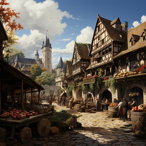 Medieval Farming Village, Medieval Town Aesthetic, Medieval Town Art, Fantasy Town Art, Fantasy Setting Village, Fantasy Medieval City, Medieval Fantasy City, Medieval Town Square, Villager Trading Hall