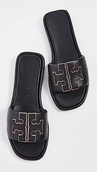 Tory Burch Slides Outfit, Tory Burch Slides, Pretty Sandals, Tory Burch Sandals, Sandals Outfit, Logo Emblem, Slides Women, Girly Shoes, Cute Sandals