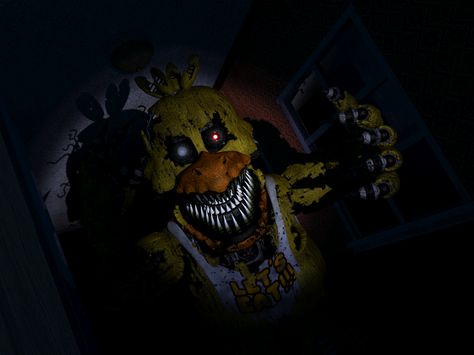 Fnaf4 jumpscare chicaindoorway Nightmare Chica, Foxy And Mangle, Fnaf Jumpscares, Freddy 3, Toy Bonnie, Fnaf 4, Scary Games, Horror Video Games, Fnaf Sister Location