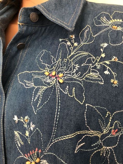 Koret City Blues Denim Plus Size 18W Button Shirt Beaded Cotton Embroidered Wome  | eBay Cotton Shirt Patterns For Women, Jean Shirt Embroidery, Denim Embroidery Dress, Denim Shirt Embroidery, Embroider Denim, Embroidery On Denim, Denim Applique, Embroidery Denim, Denim Embroidery