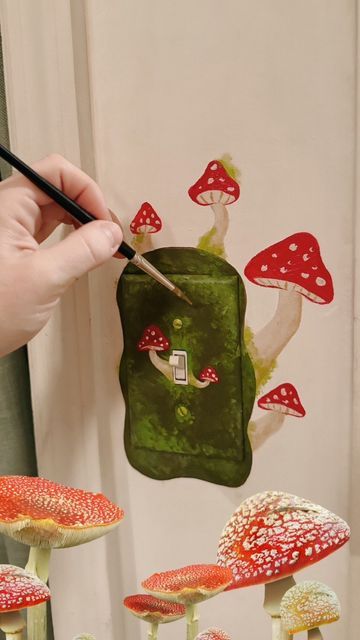 Painted Wall Outlets, Light Switch Decor Diy, Simple Murals For Bedrooms, Diy Inspo Board, Crafty Wall Decor, Painting On Furniture Ideas, Mushroom Accent Wall, Painting On Light Switch, Painted Outlet Covers Aesthetic