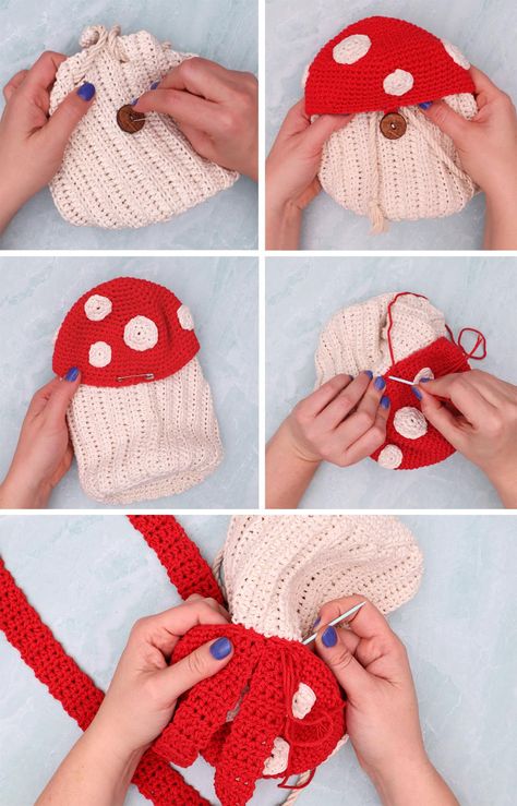 Amigurumi Patterns, Crochet Mushroom Bag Pattern, Mushroom Bag Pattern, Crochet Mushroom Purse, Free Crochet Mushroom, Crochet Mushroom Bag, Mushroom Purse, Amigurumi Mushroom, Aesthetic Amigurumi