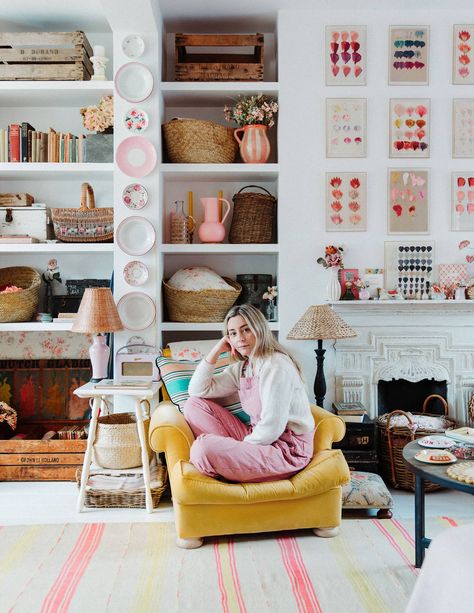 Violet Dent, Romantic Eclectic, Eclectic House, Pink Tiles, London Flat, Black And White Tiles, London House, Deco Boheme, House House