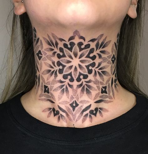 Tiny Throat Tattoos Women, Honeycomb Neck Tattoos Women, Neck Tattoos Women Color, Mandala Neck Tattoo Design, Mandela Neck Tattoos Women, Neck Small Tattoos Women, Ornament Neck Tattoo, Neck Tattoos Women Mandala, Girly Throat Tattoo