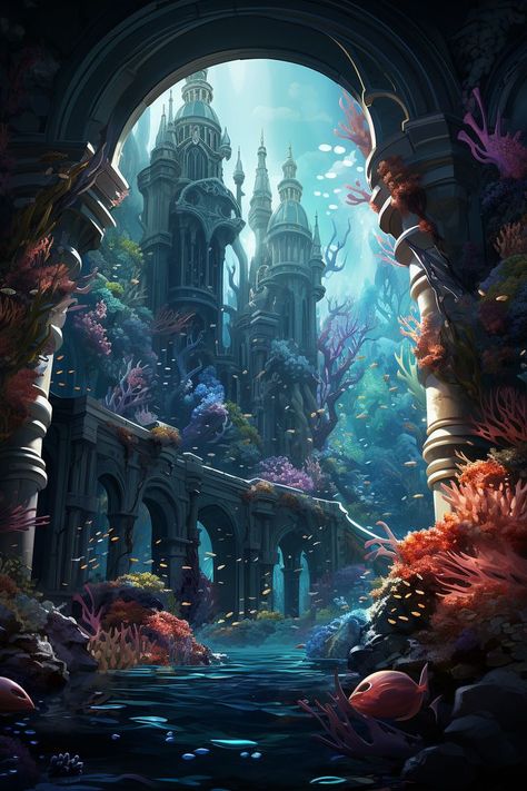 Lost Temple Concept Art, Deep Ocean Fantasy Art, Sea Kingdom Fantasy Art, Coral City Fantasy Art, Sea Castle Fantasy Art, Underwater Civilization Concept Art, Fantasy Ocean Village, Fantasy Water Kingdom Aesthetic, Dreams Art Drawing Imagination