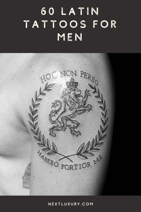 Latin tattoos are incredibly popular for their simplicity and the air of ancient mystery about them. Men seeking Latin tattoos can choose from nearly endless style, placement and size options.Many clients interested in Latin tattoos primarily want lettering to feature in their ink. #nextluxury #tattooideas #tattoodesigns Latin Forearm Tattoo Men, Latin Symbols Tattoo, Men’s Italian Tattoos, Mens Latin Tattoos, Ancient Tattoos For Men, Latin Warrior Quotes, Roman Tatoos Men, Lettering Tattoos Men, Latin Symbols And Meanings