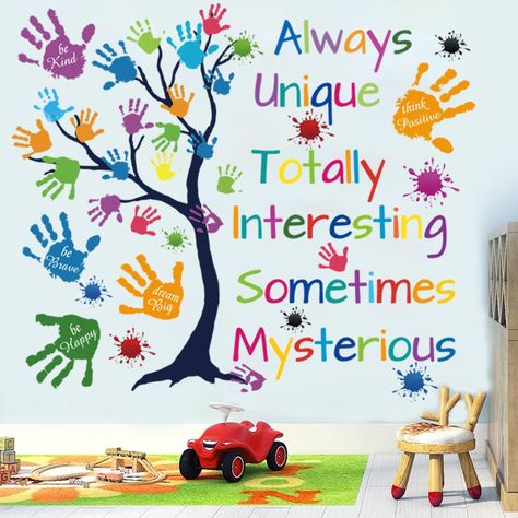 PRICES MAY VARY. Chic Design and Motivation：These motivational wall decal stickers can always let your children know that they always unique totally interesting sometimes mysterious. Have their own little dream, and bravely believe in themselves and do their own thing better. What You Will Get: You will get a set of colorful wall stickers and the stickers sheet is about 35.5 * 11.8 inches. The positive quote stickers include inspirational wall décor quotes always unique totally interesting somet Handprint Wall Art, Colorful Inspirational Quotes, Handprint Wall, Hall Wall Decor, School Wall Decoration, Art Display Wall, Vinyl Paint, Display Quotes, School Art Activities